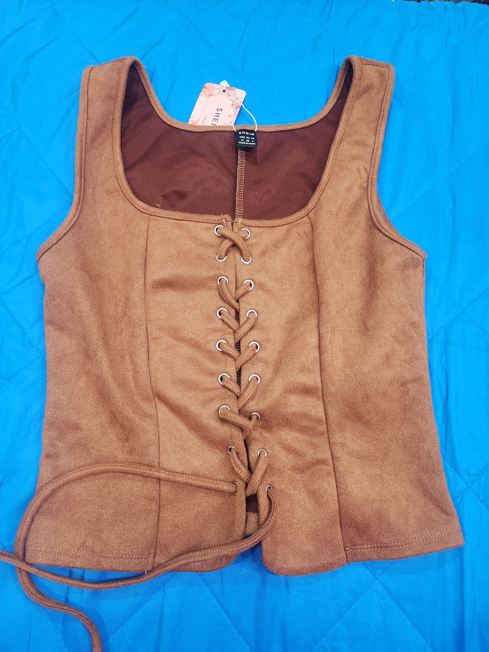 SHEIN Brown Lace-Up Faux Suede Tank Top